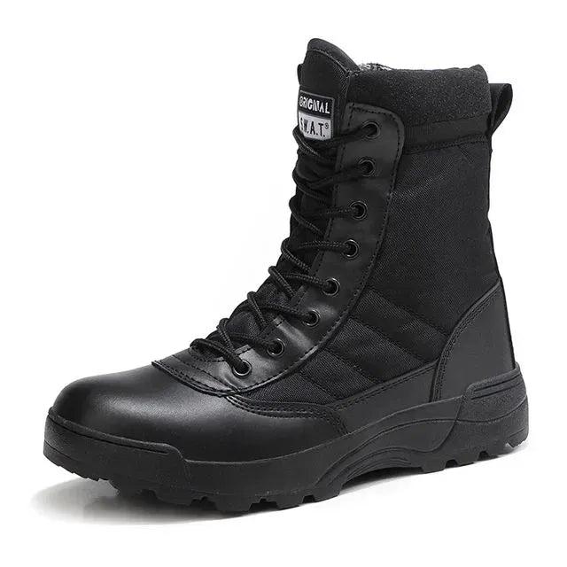 A single black mid-calf winter boot with a chunky, textured sole and padded collar, shown from a three-quarters angle on a white background.